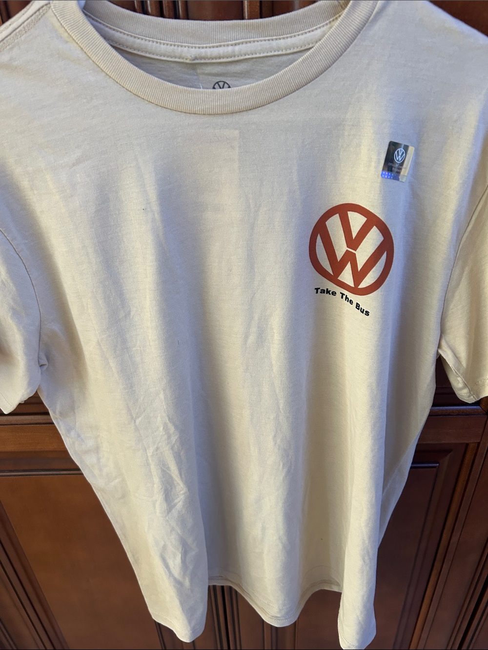 Volkswagen 'Take The Bus' Logo Tee in Cream with Rust Logo